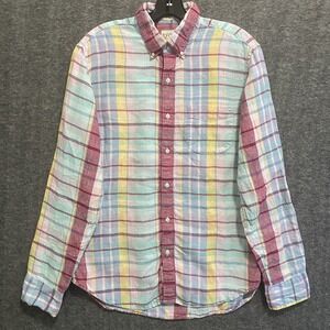 J Crew‎ Shirt Mens Medium Plaid Irish Linen Baird McNutt Slim Fit Preppy Coastal
